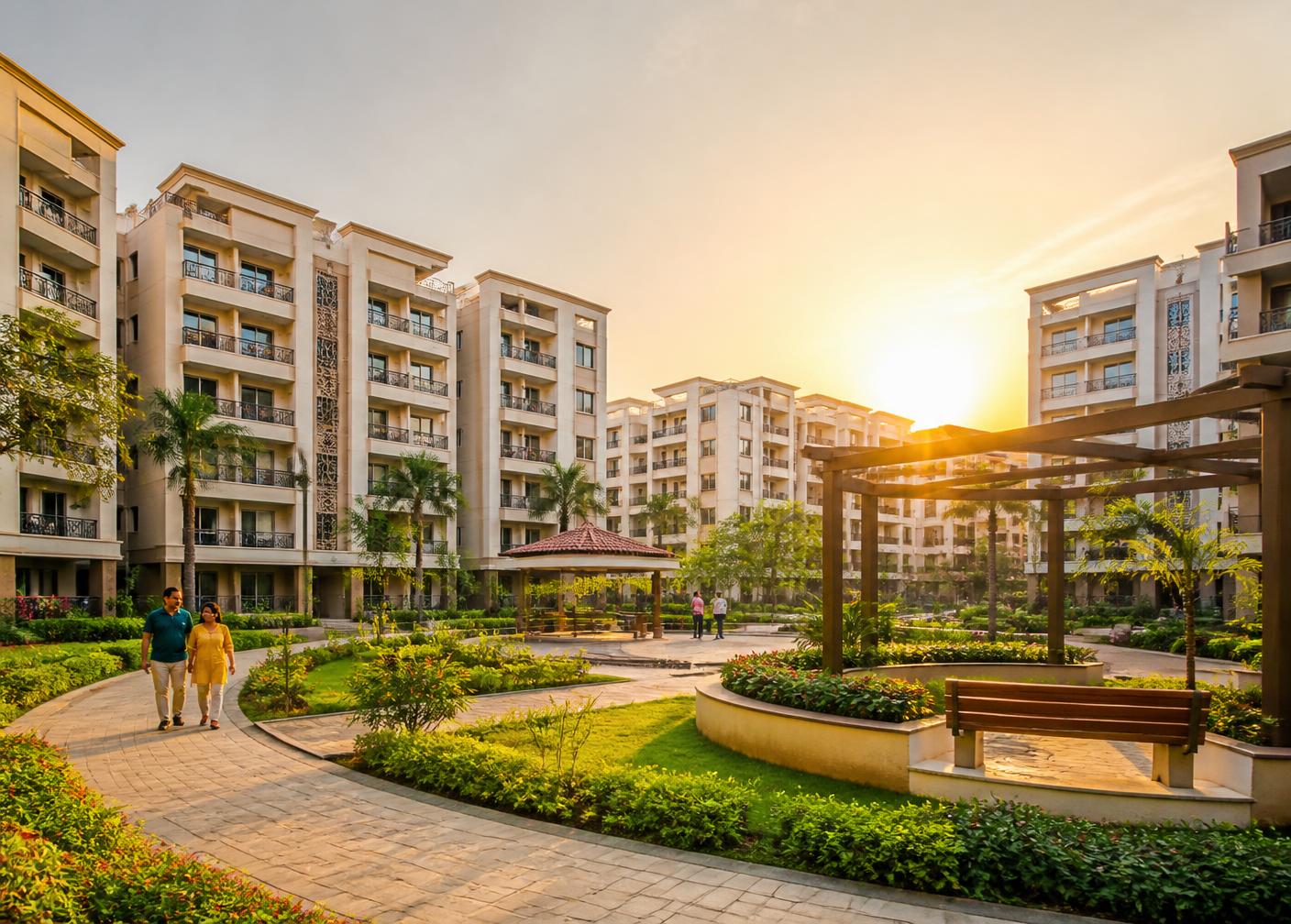 Residents walking through the landscaped courtyard of a housing society